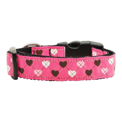 Argyle Hearts Nylon Ribbon Collar Bright Pink Large