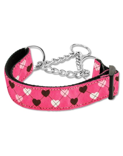 Argyle Hearts Nylon Ribbon Collar Martingale Bright Pink Large