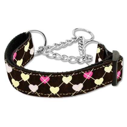 Argyle Hearts Nylon Ribbon Collar Martingale Brown Large