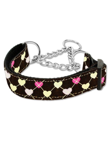 Argyle Hearts Nylon Ribbon Collar Martingale Brown Large