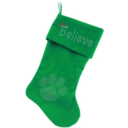 Believe Rhinestone 18 inch Velvet Christmas Stocking Green