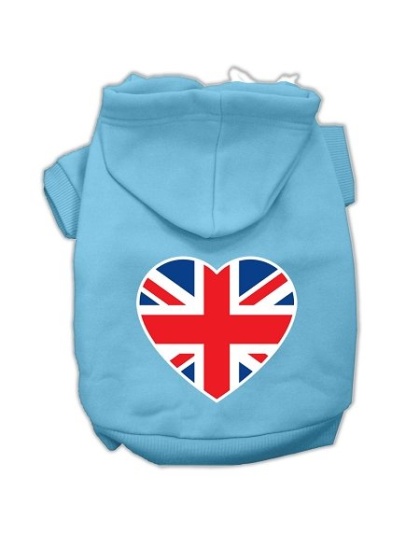 British Flag Heart Screen Print Pet Hoodies Baby Blue Size Sm