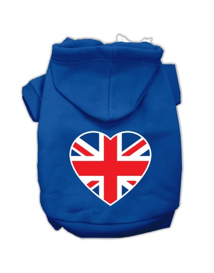 British Flag Heart Screen Print Pet Hoodies Blue Size Med