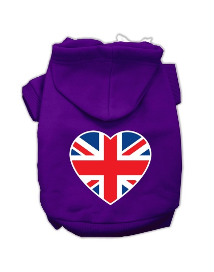 British Flag Heart Screen Print Pet Hoodies Purple Size Med