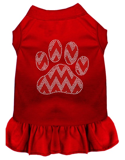 Candy Cane Chevron Paw Rhinestone Dog Dress Red 4X