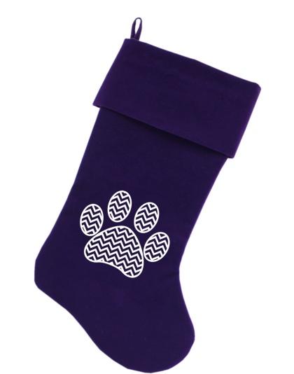 Chevron Paw Screen Print 18 inch Velvet Christmas Stocking Purple