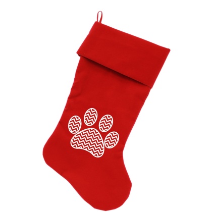 Chevron Paw Screen Print 18 inch Velvet Christmas Stocking Red