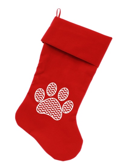 Chevron Paw Screen Print 18 inch Velvet Christmas Stocking Red