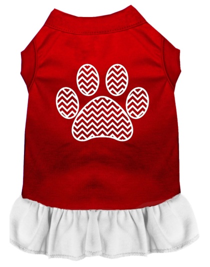 Chevron Paw Screen Print Dress Red with White Lg