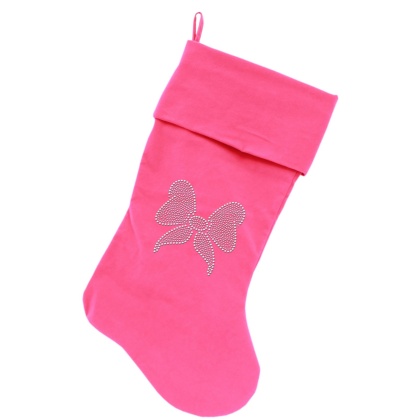 Clear Bow Rhinestone 18 inch Velvet Christmas Stocking Pink