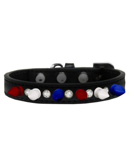 Crystal with Red, White and Blue Spikes Dog Collar Black Size 10
