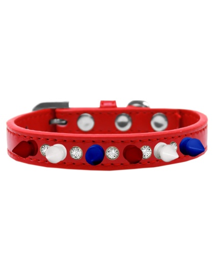 Crystal with Red, White and Blue Spikes Dog Collar Red Size 10