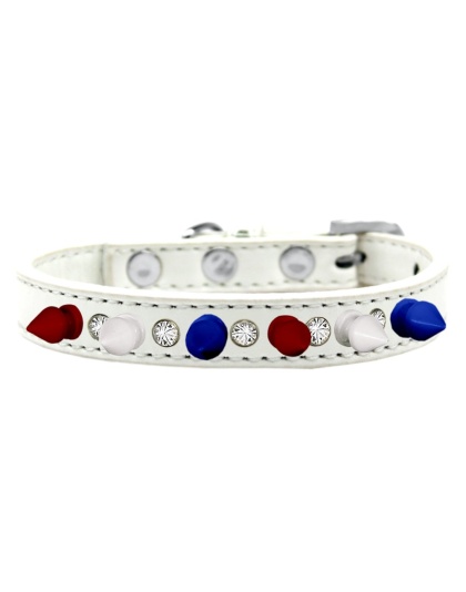 Crystal with Red, White and Blue Spikes Dog Collar White Size 10