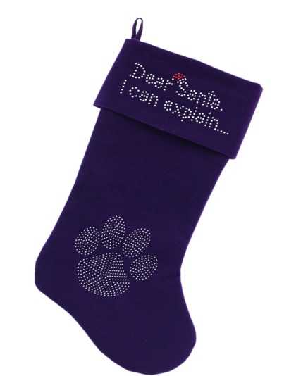 Dear Santa I can Explain Rhinestone 18 Inch Velvet Christmas Stocking Purple