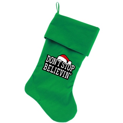 Don't Stop Believin Screen Print 18 inch Velvet Christmas Stocking Green