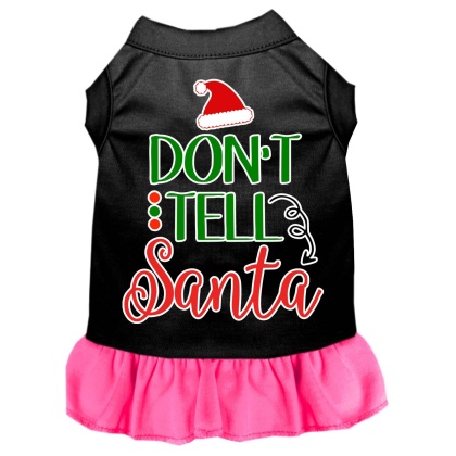 Don't Tell Santa Screen Print Dog Dress Black with Bright Pink Lg