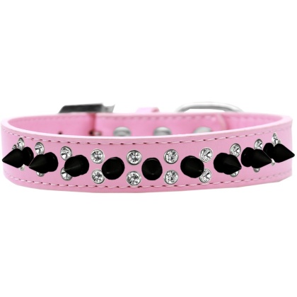 Double Crystal and Black Spikes Dog Collar Light Pink Size 12