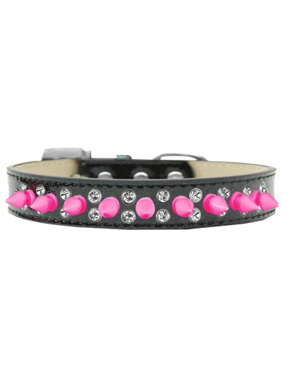Double Crystal and Bright Pink Spikes Dog Collar Black Ice Cream Size 12