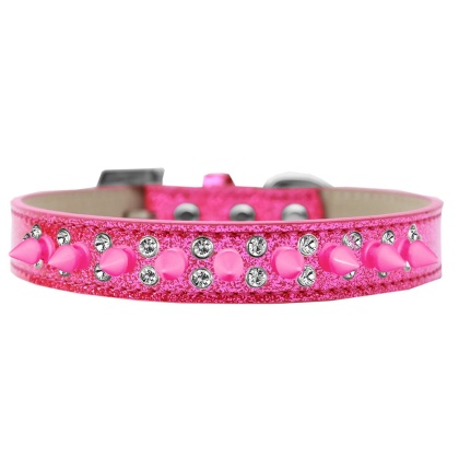 Double Crystal and Bright Pink Spikes Dog Collar Pink Ice Cream Size 12