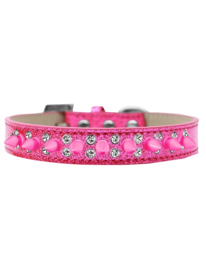Double Crystal and Bright Pink Spikes Dog Collar Pink Ice Cream Size 12