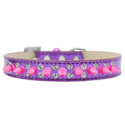 Double Crystal and Bright Pink Spikes Dog Collar Purple Ice Cream Size 12