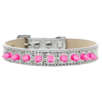 Double Crystal and Bright Pink Spikes Dog Collar Silver Ice Cream Size 12