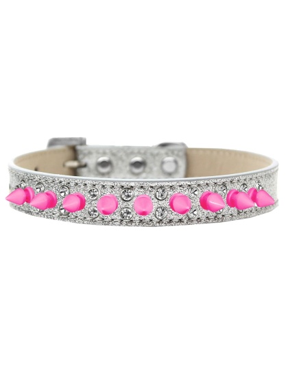 Double Crystal and Bright Pink Spikes Dog Collar Silver Ice Cream Size 12