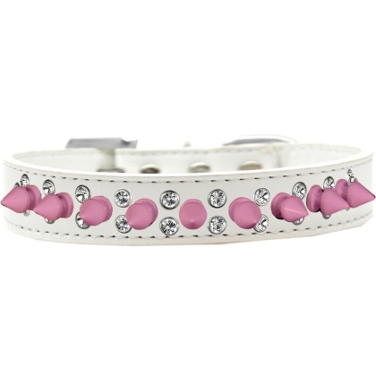 Double Crystal and Light Pink Spikes Dog Collar White Size 12