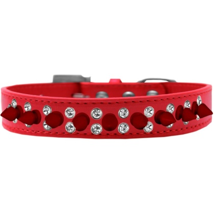 Double Crystal and Red Spikes Dog Collar Red Size 12