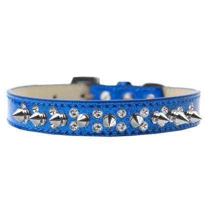 Double Crystal and Silver Spikes Dog Collar Blue Ice Cream Size 12