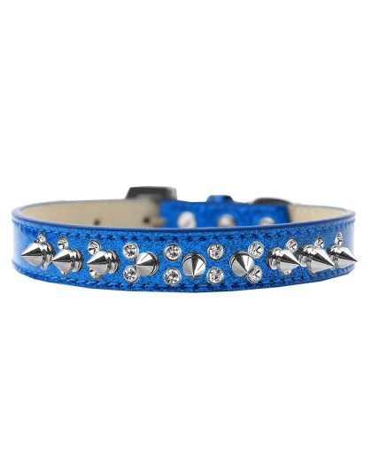 Double Crystal and Silver Spikes Dog Collar Blue Ice Cream Size 12