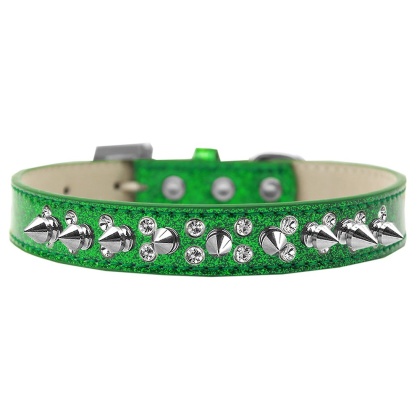 Double Crystal and Silver Spikes Dog Collar Emerald Green Ice Cream Size 12