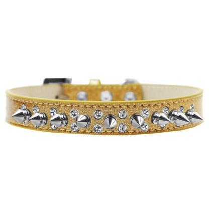 Double Crystal and Silver Spikes Dog Collar Gold Ice Cream Size 12