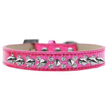 Double Crystal and Silver Spikes Dog Collar Pink Ice Cream Size 12