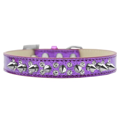 Double Crystal and Silver Spikes Dog Collar Purple Ice Cream Size 12