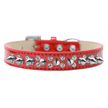 Double Crystal and Silver Spikes Dog Collar Red Ice Cream Size 12