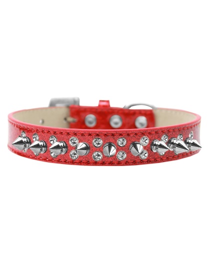 Double Crystal and Silver Spikes Dog Collar Red Ice Cream Size 12