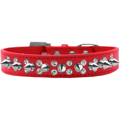 Double Crystal and Silver Spikes Dog Collar Red Size 12