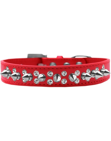Double Crystal and Silver Spikes Dog Collar Red Size 12
