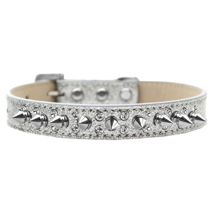 Double Crystal and Silver Spikes Dog Collar Silver Ice Cream Size 12