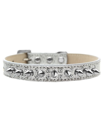 Double Crystal and Silver Spikes Dog Collar Silver Ice Cream Size 12