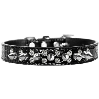 Double Crystal and Spike Croc Dog Collar Black Size 12