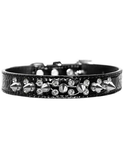 Double Crystal and Spike Croc Dog Collar Black Size 12