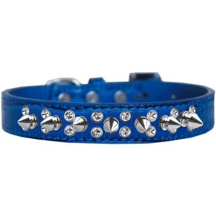 Double Crystal and Spike Croc Dog Collar Blue Size 12