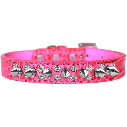 Double Crystal and Spike Croc Dog Collar Bright Pink Size 12