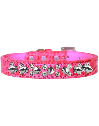 Double Crystal and Spike Croc Dog Collar Bright Pink Size 12