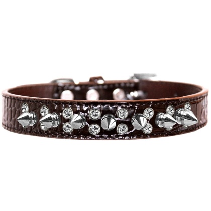 Double Crystal and Spike Croc Dog Collar Chocolate Size 12