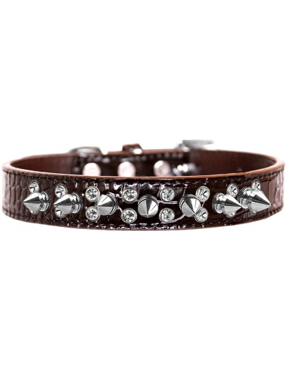 Double Crystal and Spike Croc Dog Collar Chocolate Size 12