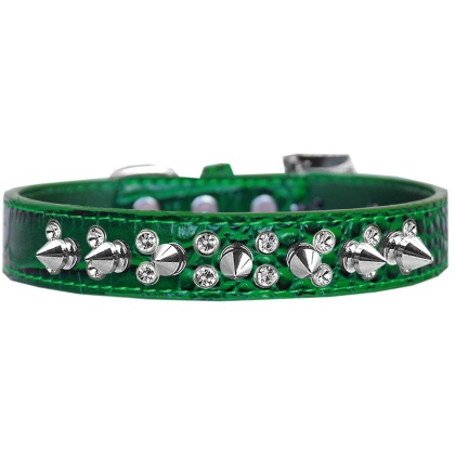 Double Crystal and Spike Croc Dog Collar Emerald Green Size 12