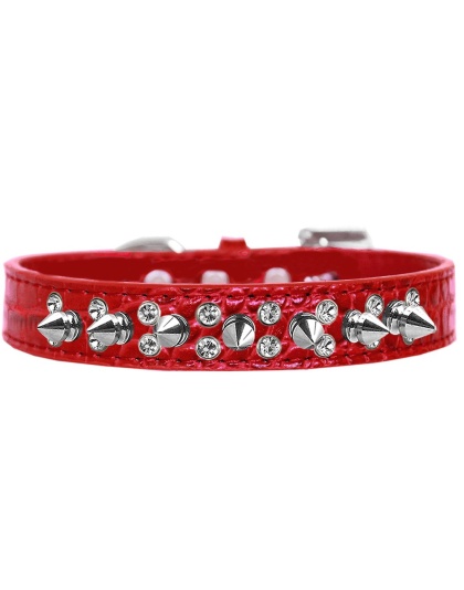 Double Crystal and Spike Croc Dog Collar Red Size 12